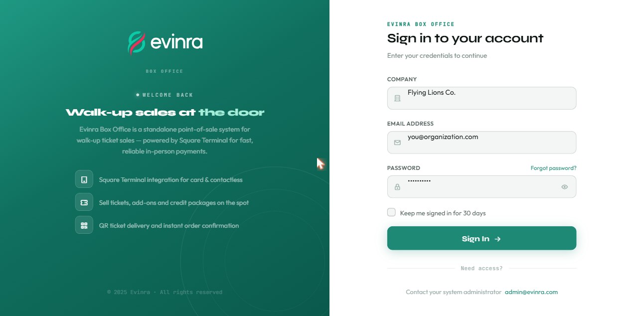 Evinra Box Office — walk-up point of sale with Square Terminal integration