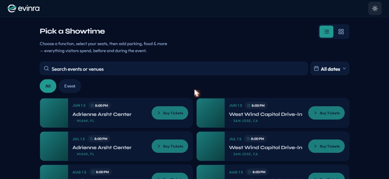 Evinra Storefront — buyer-facing event discovery and ticket checkout with per-organizer branding