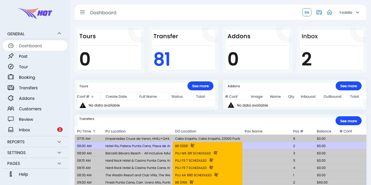 HQT Punta Cana admin dashboard on TravelorHub — 81 transfers on a single day’s board (passenger data hidden)
