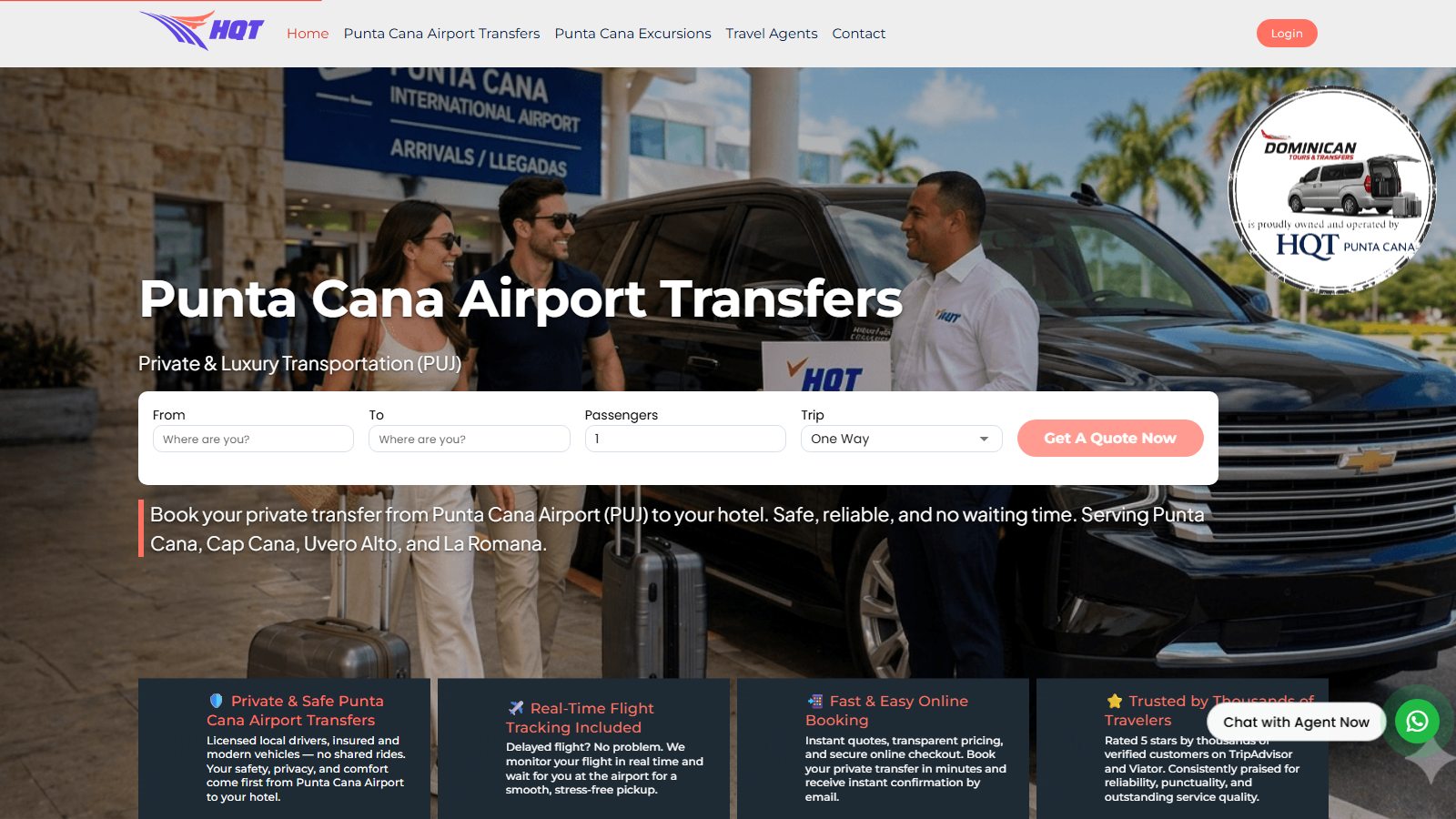 hqtpuntacana.com — HQT Punta Cana airport transfer booking website with instant quote widget